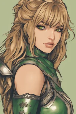 A beautiful woman with blond hair and green eyes. Knight, leather armor.