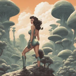 slim Sci-fi pin-up girl on an alien planet of cloud trees