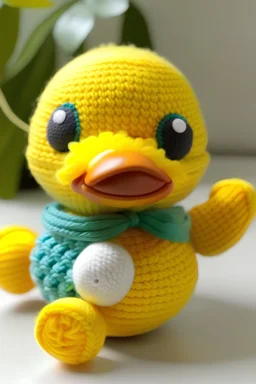 duck crochet plushy with a hair band around its waist and its being squeezed.