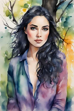 watercolor painting of a beautiful of a 25 year old woman, full body down to knees, realistic skin texture, looking into the camera, atmospheric light, realistic colors, black hair with a colorful background, looking like she tree around her