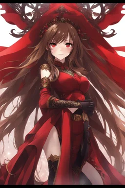 (masterpiece), (anime style), award winning, centered, looking toward camera, long brown hair, confident young woman, red eyes, intricately detailed modern setting, dynamic lighting, dynamic composition, ultra detailed, (epic composition, epic proportion), wearing red and black fantasy clothing