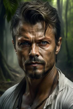 Portait Josh Duhamel as fantasy alpha male very muscular short cropped hair and rough beard, tribal tattoos wearing white button up shirt with rolled up sleeves realistic face, close-up, dark fantasy, fantasy forest, intricate details, hyper detailed, photograph