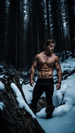 two Handsome and muscular 30 year old shirtless mountain men , dark fantasy, snowy forest