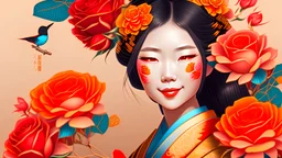Portrait of beautiful smiling geisha, japanese girl, red, gold, orange, teal, yellow, roses, flowers, birds, intricate, elegant, highly detailed, digital painting, artstation, concept art, smooth, sharp focus, illustration, v, hyper realistic, intricate detail