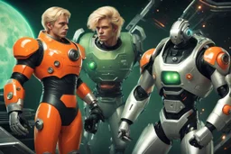 Create a vintage-style sci-fi image featuring a muscular male character with blond hair and a determined expression, dressed in a form-fitting, orange space suit with black belt, standing on a green, disc-shaped spacecraft. In close combat with a large, silver humanoid robot that has visible joint segments, round head, a flat face with two large circular eyes, and a small round mouth. The robot's right hand is raised while its left hand is gripping the protagonist's right forearm. The human char