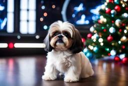 fluffy big eyed baby shih-tzu sith lord in the big hall in second death star with few space ships and a view to a star wars planet, and christmas tree and sith gifts, cinematic eye view