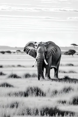 Black and white outlined elephant standing on grassland