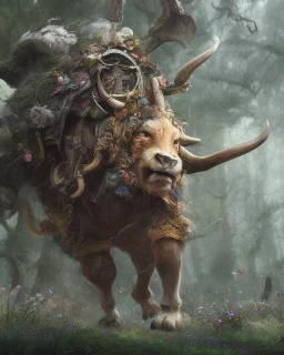 Minotaur, half man. Half bull crw majestically galloping through the dense forest in the style of Doug Hyde , fantastical landscape, soft strokes , mythology portrait, classic illustrated digital design