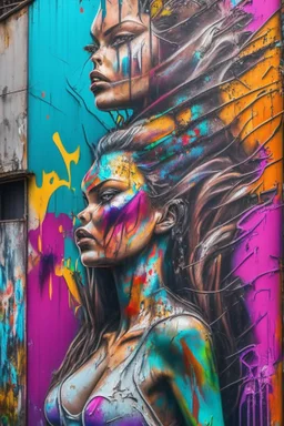 graffiti art on the back side of an abandoned building portraying a female super model posing confidently, 8k, highly detailed, centered, epic composition, graffiti art, splash art, street art, spray paint, oil gouache melting, acrylic, high contrast, colorful polychromatic, ultra detailed, ultra quality, CGSociety