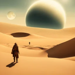 person alone in planet ,Dune-Desert Planet Arrakis: Image of a barren, sandy desert planet with two moons in the sky, conveying the harsh environment of Arrakis., Alexandro Jodorowsy Art,Juan Gimenez Art,Space Art,Sci-Fic Art,Dark Influence,NijiExpress 3D v2,Kinetic Art,Datanoshing,Oil painting,Ink v3,Splash style,Abstract Art,Abstract Tech,CyberTech Elements,Futuristic,Epic style,Illustrated v3,Deco Influence,Air Brush style,drawing