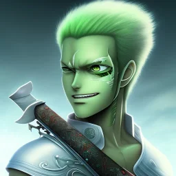 zoro, green hair, chainsawman, animestyle, denji, three chainsaw style, three sword style, majestic, soft pastel colors, soft smooth lighting, intricate detail, closed left eye, three sword, full body, sword in mouth