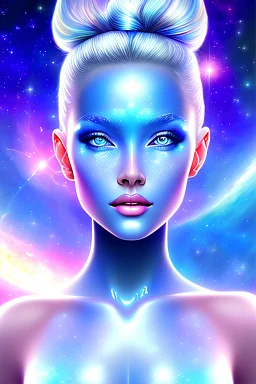 Portrait, jeune femme cosmique du futur, un seul beau visage fin entier, grand front cosmique, peau cristalline cosmique, yeux expressifs bleus, cheveux bleus ,lèvres souriantes, très joli sourire, costume galactique