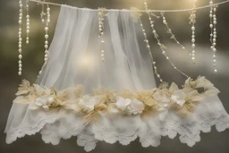 double exposure, garter flowers strung on wire with pearls and gems, heart and love, double exposure, merged layers, silver and gold tin foil, waterfall, in sunshine on a lace blanket