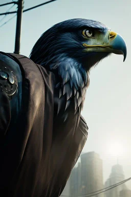 portrait,beautiful eagle robot, post-apocalyptic in a cyberpunk city, realistic, intriacte detail, sci-fi fantasy style, volumetric lighting, particales,highly detailed,cinamatic, deep