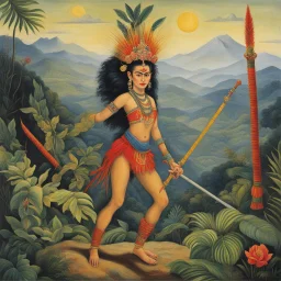 [art by Frida Kahlo] Legendary Monkey King with her staff on the jungle hills feet, and monkey tail, multiple arms shiva