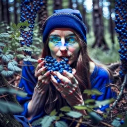 woman in the forest picking and eating blueberries and her mouth and hands are covered with blueberries, woman is stylish