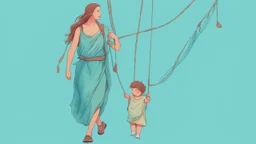 A digital illustration of a woman walking carrying a child in a sling, on an aquamarine blue background, with clothes hanging on a line nearby