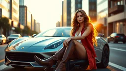 Create an ultra-realistic cinematic 8K fullbody of lady mode skin texture, add makeup,pretty boots,curvy long hair. Style: fashion editorial, confident is driving a roofless pretty sport car in streets of a modern city. Lighting: warm golden hour sunlight, soft rim light. Camera look: shallow depth of field, film grain, cinematic color grade. Outfit: keep similar to the original or elevate slightly with premium casual style.
