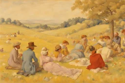 a group of people relaxing in a meadow by artist "Nolde",by artist "Richard Dadd", highly detailed