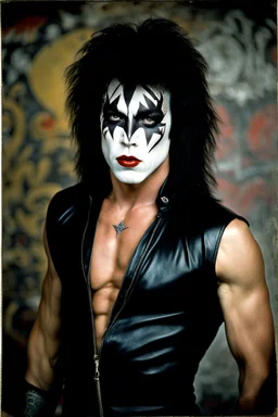 text 'KISS' - head and shoulders portrait, KISS - muscular 20-year-old Paul Stanley, Black star on right eye, Chest and stomach hair, rose tattoo on right shoulder, black spandex and leather, 8-inch high platform boots, - a multicolored cement wall in the background,