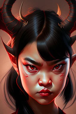 Beautiful devil asian girl with devil horns on her head, with brown eyes, detailed, looking at the camera, princess