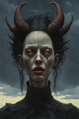 Strange eerie female demon portrait, oil painting, Caravaggio , Denis Sarazhin, ominous sky, Alex Colville, Alejandro Burdisio, Romain Trystram, RAW, gritty atmospheres, sinister surrealism, dark pop surrealism, neon techno-gothic punk, analog horror CRT, scan lines, chiaroscuro