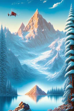 mountain with ice-cream on top, lake, trees, mystical, art deco