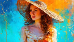 Vintage art, brown and orange shades, sunny day, straw hat for woman, summer dress, splashes of art, in the style of Dante Gabriel Rossetti, Yossi Kotler, Camilla D'Errico, masterpiece, fine art in the style of Carne Griffiths, Paula Hoppe