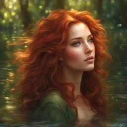 amazingly beautiful forest nymph, redhead, intimate, open minded, alluring, dynamic poses, the clouds are rich in color and can be seen in the reflection off the water, ray tracing, beautiful facial features, wavy hair, face illumined, face detailed, soft smile, sun rays, detailed facial features, detailed eyes