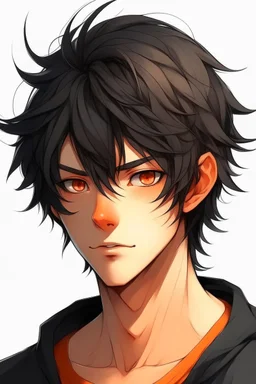 A young adult male human, onem black and orange messy hair anime realistic