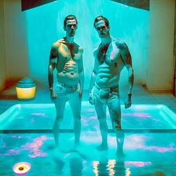 Nickolas MulLen and his boyfriend are standing above thier pool showered spa heater while in tight loincloths and Nickolas is flexing there muscles while illuminated by the ambient teal glowing on the glowing marbled floor made of long flat marble slabs, the ground next to the clinical yard is in thGenerate different sequences (e.g., a human dude to feral stallion punk shirtlesss nakeddd make to horse transmogrification sequences and alpha male to steed physical alteration sequence) William