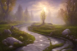  winding stone path lit river