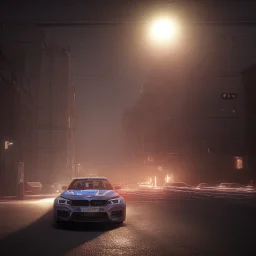 BMW m5 under a bright lamp in the middle of the night