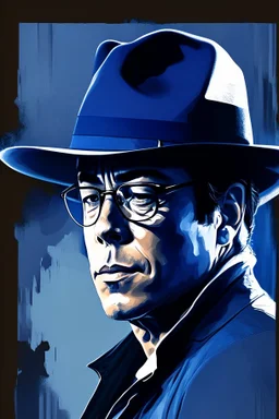 Gustavo Petro, comic style artwork, dark blue, wearing a wide-brimmed hat, wearing a white shirt, serious and thoughtful