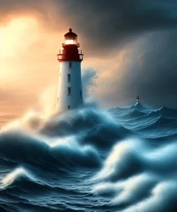 Fantasy, light house, surreal, stormy waves crashing below, 8k, sunrise, sketch