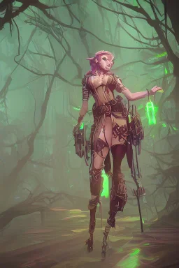 steampunk elf in a neon dystopian forest