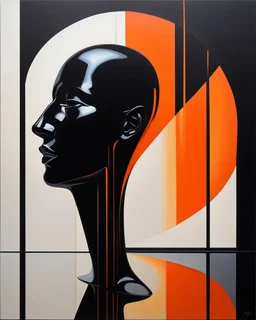acrylic oil painting of a null liminal juxtaposition by arafed exaggeration, oversized parts, exaggerated head, excellent verticals, amazing reflections, obsidian black glass win vivid orange tint strokes, arafed probability at response, amazing reflection, captive human, split double negative space, liminal vibe, interplay between light and shadow, dynamic visual juxtaposition, tactical jacket man with red tint volumetric silence, tectonic architecture