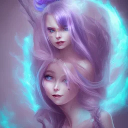 evil satanic girl with devil horns, colorful purple and blue hair, heart shaped eyes, smiling, blue flaming halo,