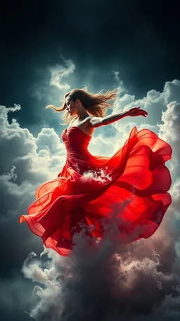 A beautiful Spanish flamingo dancer with a beautiful red dress while dancing swirling clouds, emerges from the heart of a raging storm. Turbulent winds of steam swirl around the louds lit by shafts of sunlight that cast dramatic shadows on the A beautiful woman High quality 16k cinematic scene and great photography
