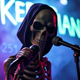 a very thin swedish man (near skeleton), with a plague mask with only a hole for the mouth (no eyes), he is called "KEBAB MAN" performing at death metal club, his name is "KEBAB MAN" kebab rolls On stage, kebab Neon lights and smog, and "KEBAB MAN" big sign on the wall, kebab tribal tattooes, spinning kebab machines, flames and smoke, chaos, he singing with mic,