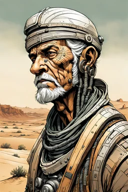 create a front facing, portrait illustration of an aged, otherworldly lost cyborg nomadic wanderer with highly detailed, sharply lined and deeply weathered facial features in a dusty ruined desert oasis in the comic art style of Enki Bilal, precisely drawn, finely lined and inked in arid desert colors