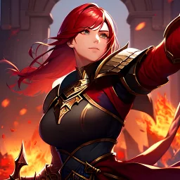 Red haired woman with Warhammer sheathed on fire