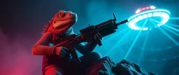 volume fog light, hyper real rock lizard man general with weapon arsenal from hell, guarding bridge up to space saucer neon plastic transparent
