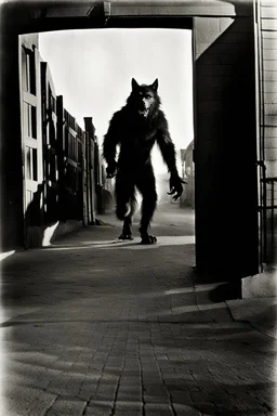 Photograph of a shadowy werewolf prowling a Hollywood movie lot. Grainy, b/w, date approximately 1922.