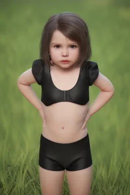 Black widow toddler, serious, full body, bokeh, hyper realistic