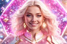 A beautiful photo hyper realistic shiny white huge cosmic mothership with the portrait of a beautiful smiling blonde girl,dressed in pink glitter and bright gold uniform of light floating in the sky, crystals water, diamonds, glitter smalls white and littles stars, white and glitter, cosmos, 4k, ultra details, real image with intricated details, unreal engine 4