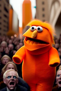 a Film Photograph of an orange Donald Trump Muppet made of felt and fur yelling at everybody