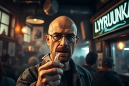 man looking like "Walter White" in breaking bad tv show, bald and goatee glasses, holding condoms in a crowdy slum bar, smoke and light from windows. a sign with the word "LYXRUNKA" on the wall