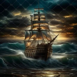 view of turbulent swells of a violent ocean storm, inside a glass bottle on the beach ม dramatic thunderous sky at dusk at center a closeup of large tall pirate ship with sails, breaking light