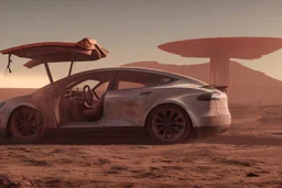 A Tesla 'Model S' is parked, in Mos Eisley on the planet Tatooine. (CINEMATIC, WIDE ANGLE LENS, PHOTO REAL)